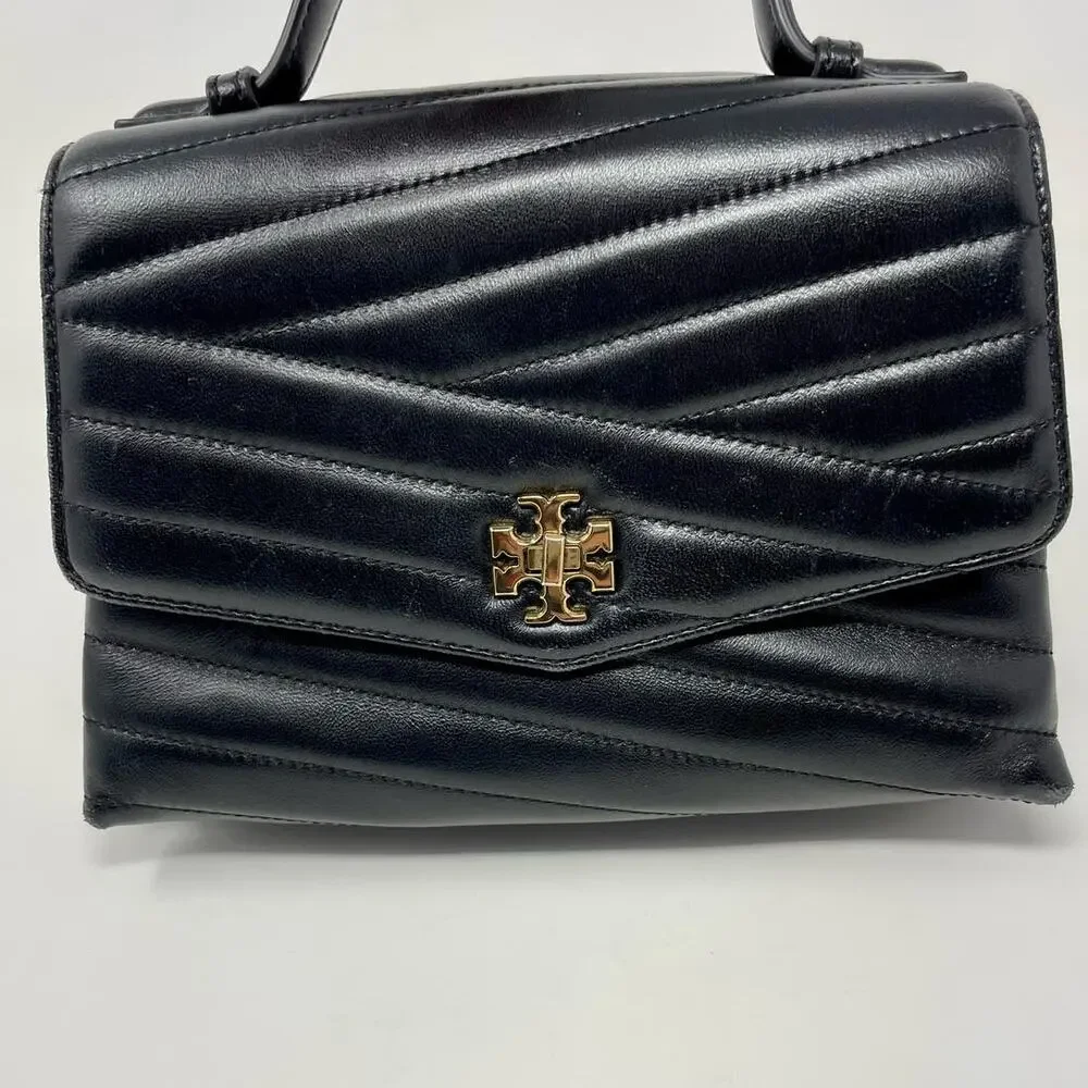 Tory Burch Kira Chevron Leather Top Handle Satchel 2 Way Shoulder Bag Black Gold - Picture 11 of 15